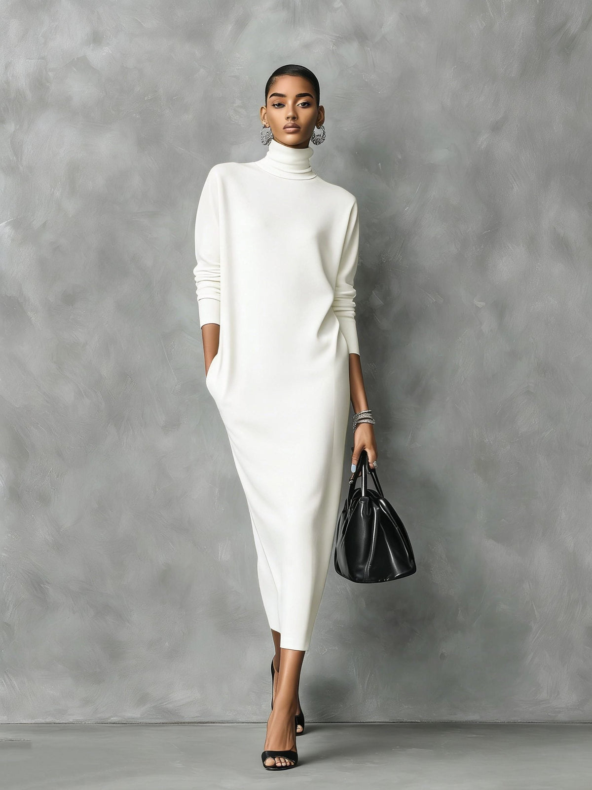 Women's Turtleneck Ribbed Knit Ankle-Length Sweater Dress - White
