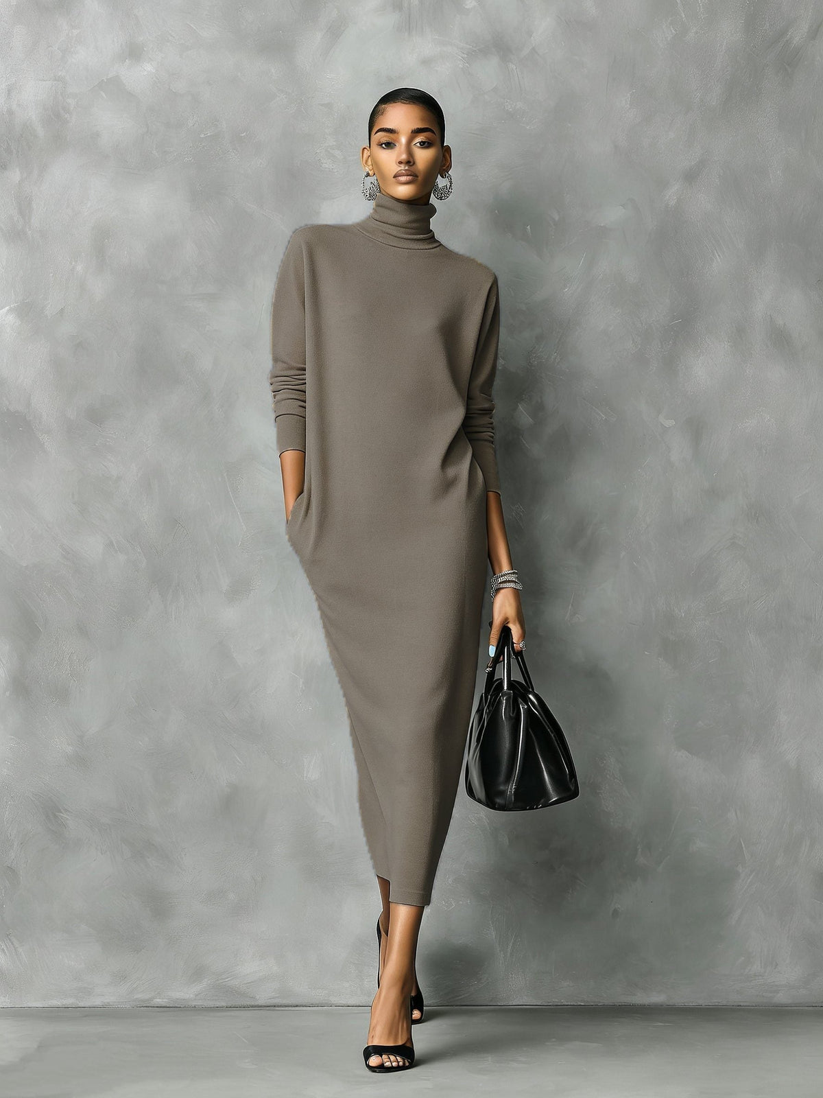 Women's Turtleneck Ribbed Knit Ankle-Length Sweater Dress - Khaki Brown
