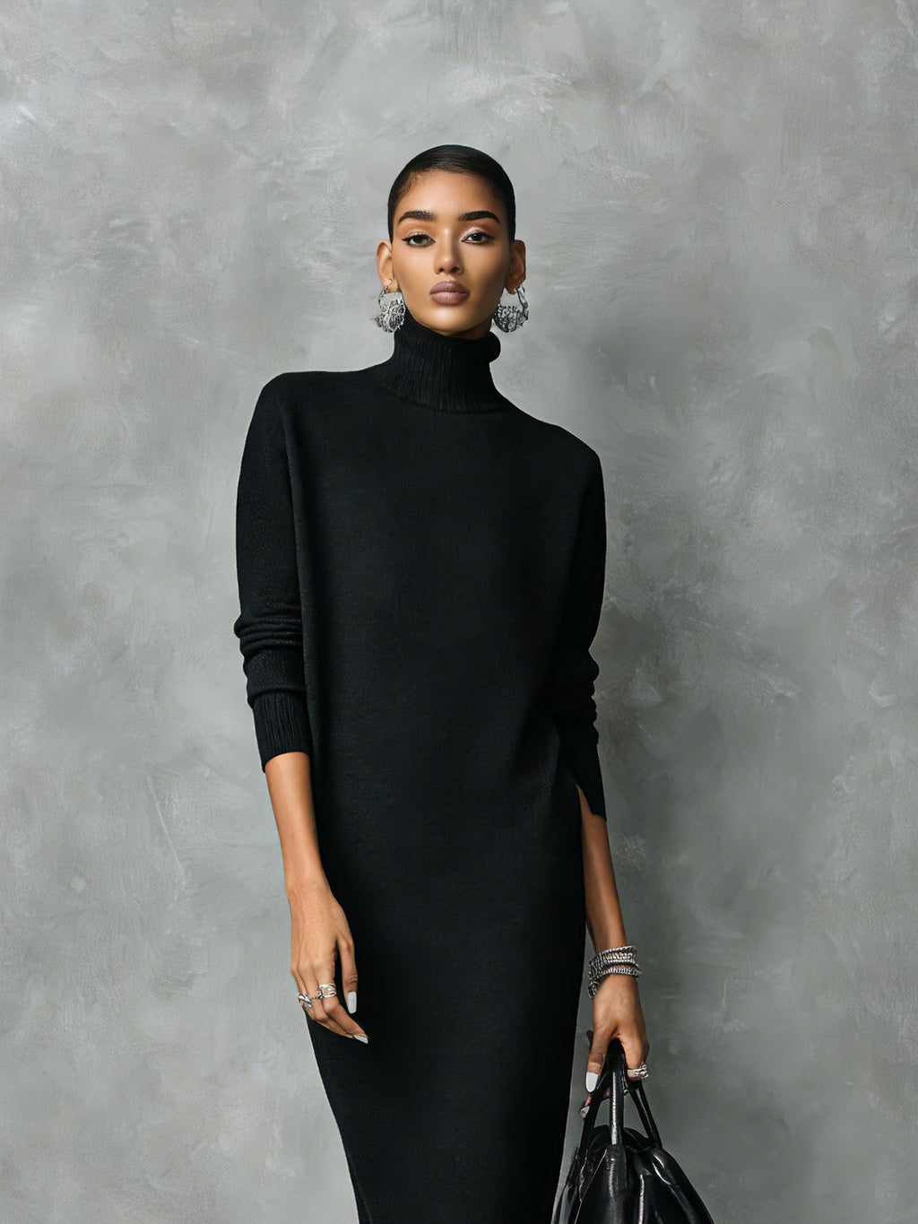Women's Turtleneck Ribbed Knit Ankle-Length Sweater Dress