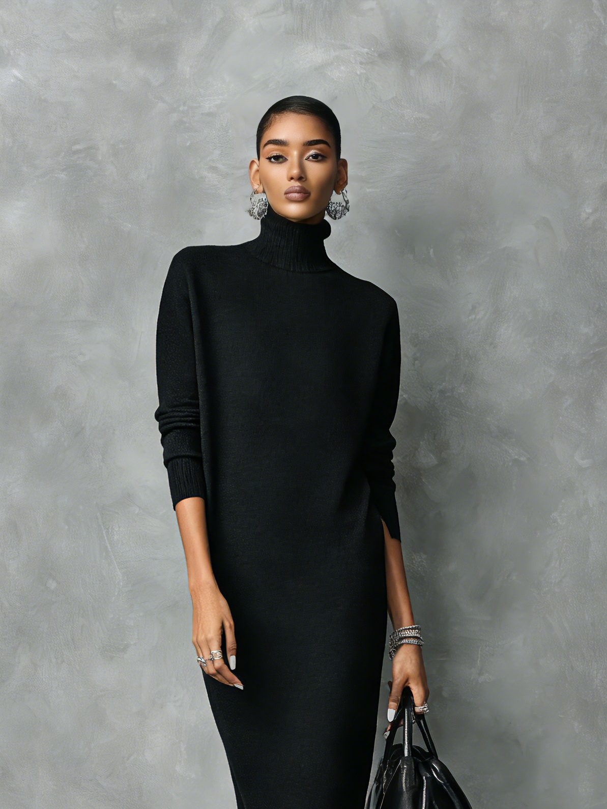 Women's Turtleneck Ribbed Knit Ankle-Length Sweater Dress