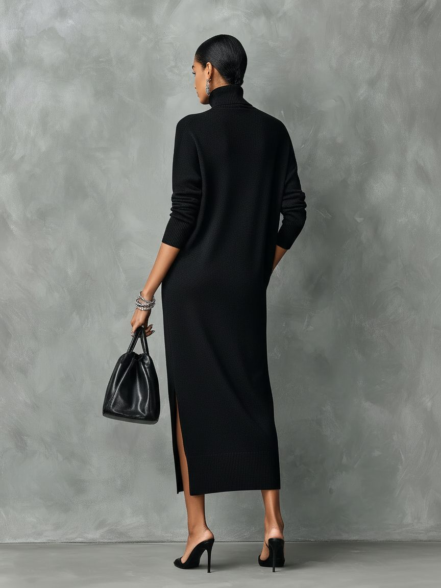 Women's Turtleneck Ribbed Knit Ankle-Length Sweater Dress