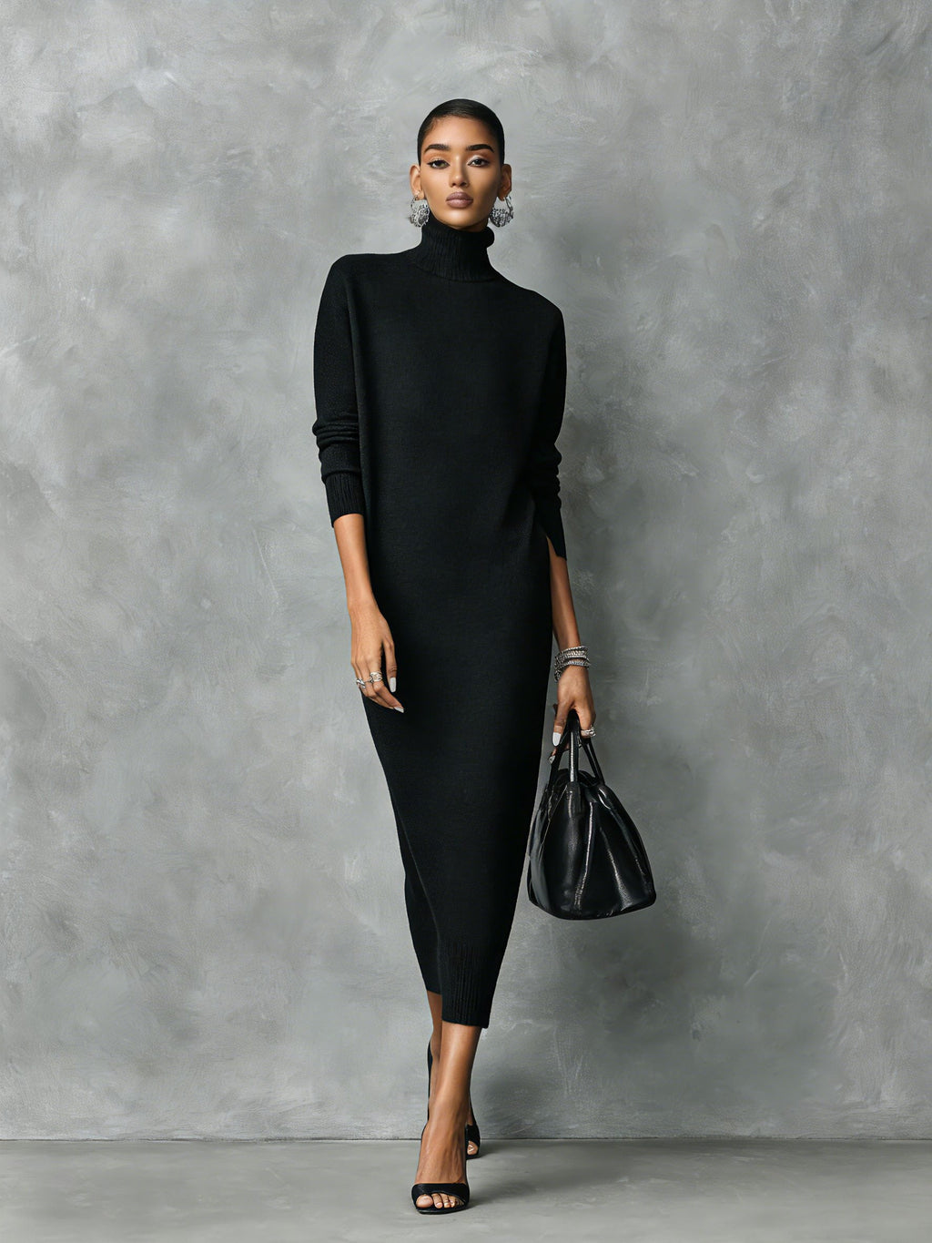 Women's Turtleneck Ribbed Knit Ankle-Length Sweater Dress