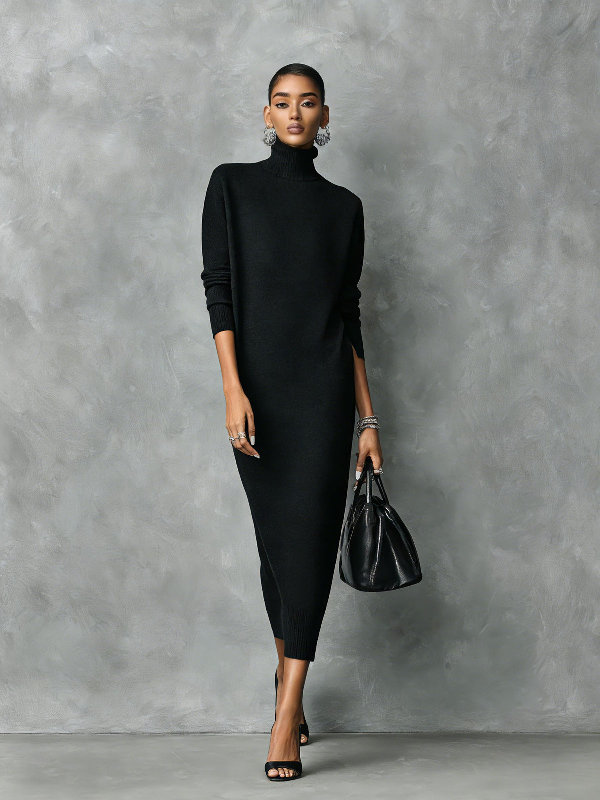 Women's Turtleneck Ribbed Knit Ankle-Length Sweater Dress