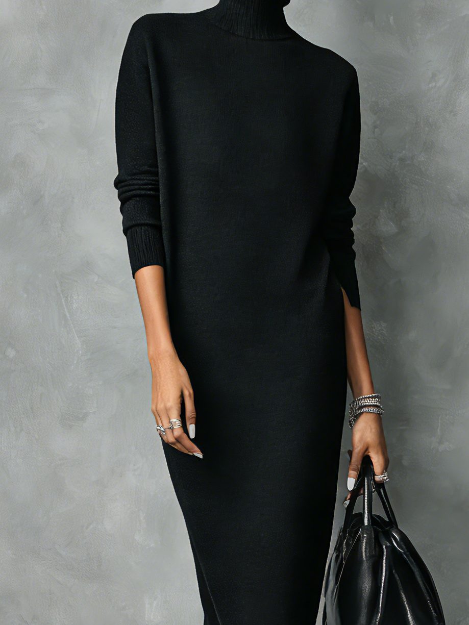 Women's Turtleneck Ribbed Knit Ankle-Length Sweater Dress