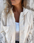 Women's Relaxed Hooded Corduroy Zip Jacket with Patch Pockets - Beige