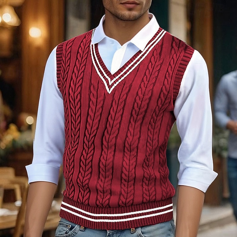 Men's Striped Cable-Knit V-Neck Vest - Green
