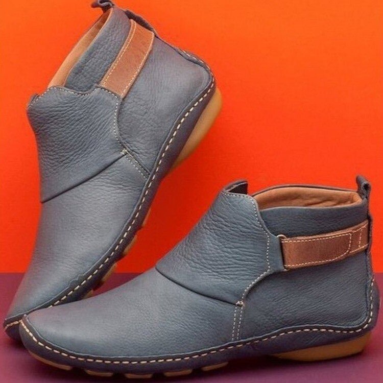 Women's Leather Ankle Boots with Adjustable Strap - Gray
