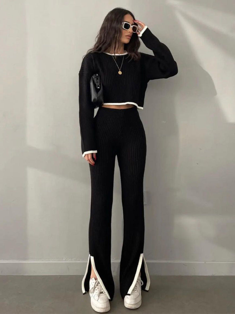Women's Ribbed Cropped Knit Top and Straight-Leg Pants Set - Black