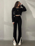 Women's Ribbed Cropped Knit Top and Straight-Leg Pants Set - Black