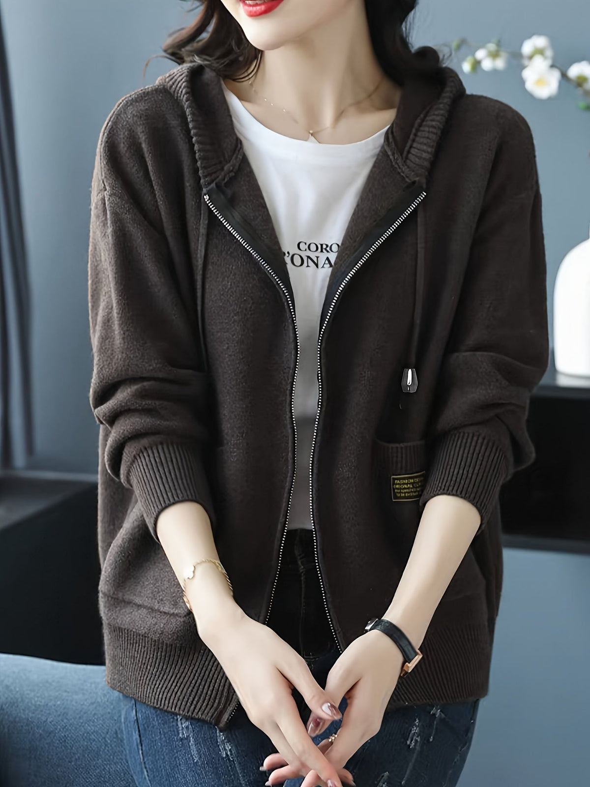 Women's Zip-Up Hooded Cardigan with Pockets