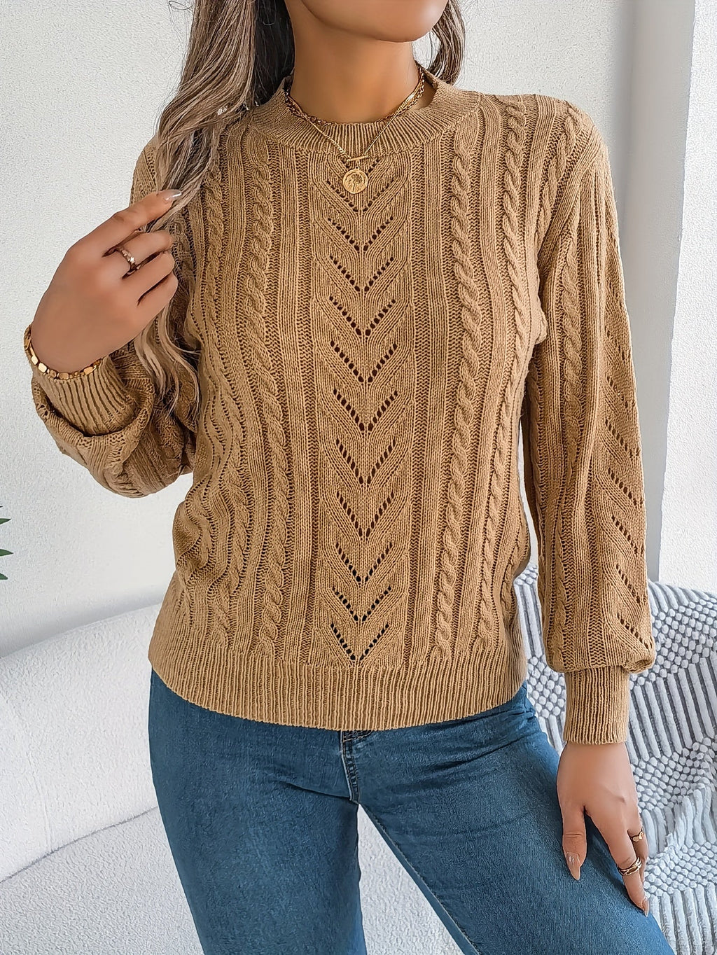 Women's Cable-Knit Openwork Round-Neck Sweater - Gray