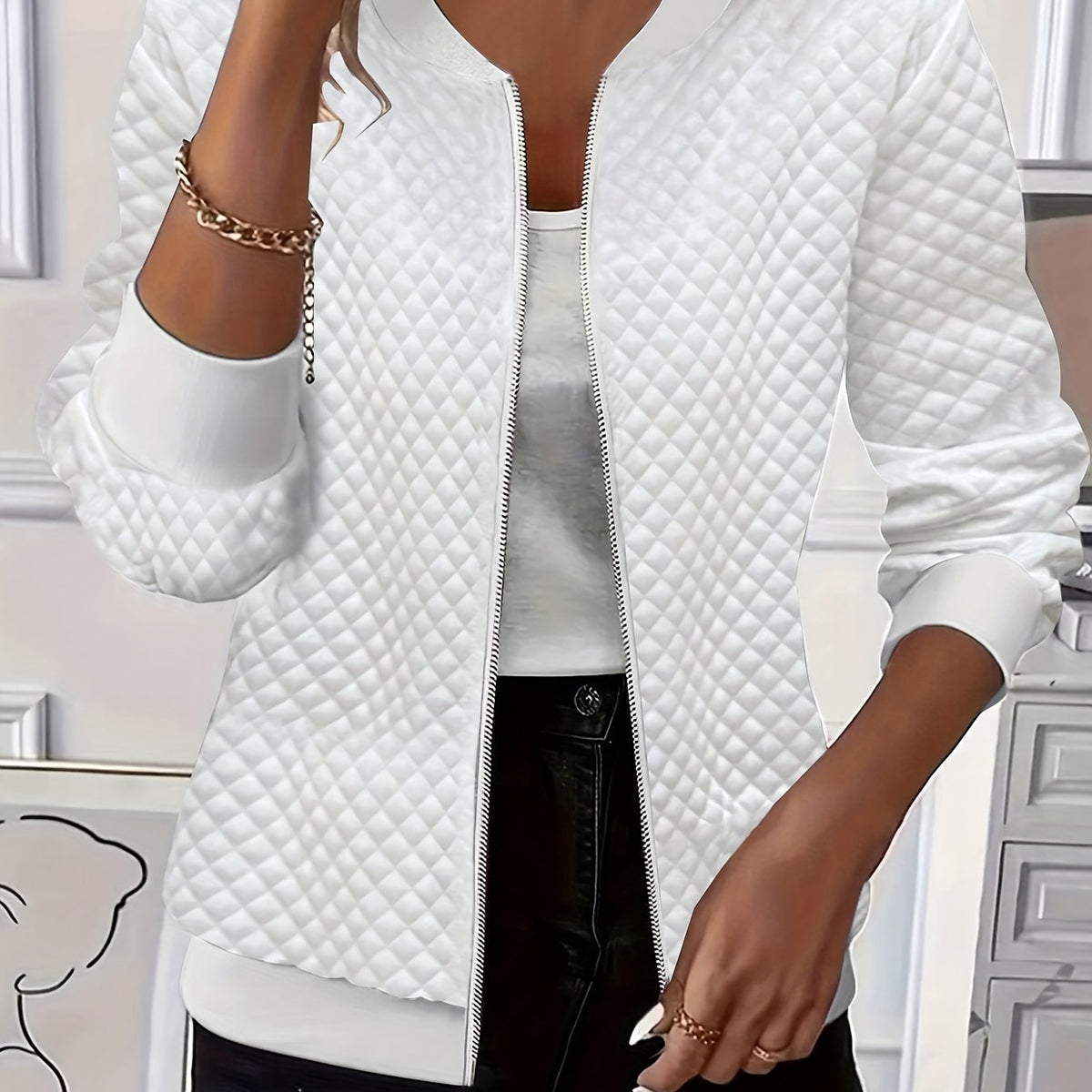 Women's Quilted-Texture Baseball Collar Jacket