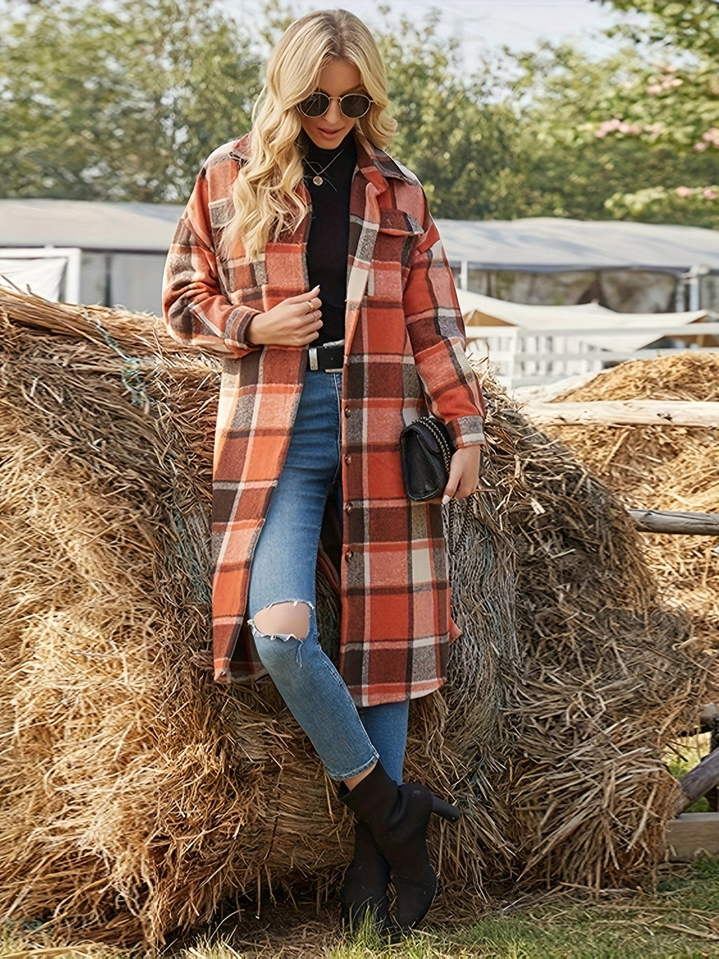 Women's Longline Plaid Button-Front Coat with Chest Pockets