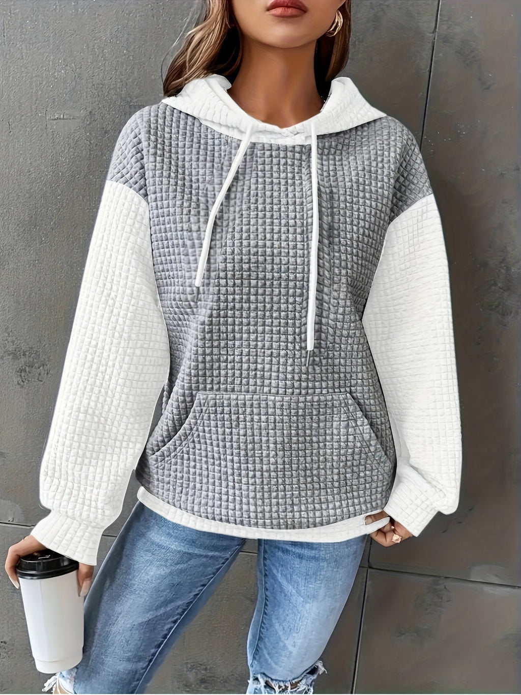 Women's Waffle Texture Two-Tone Hoodie