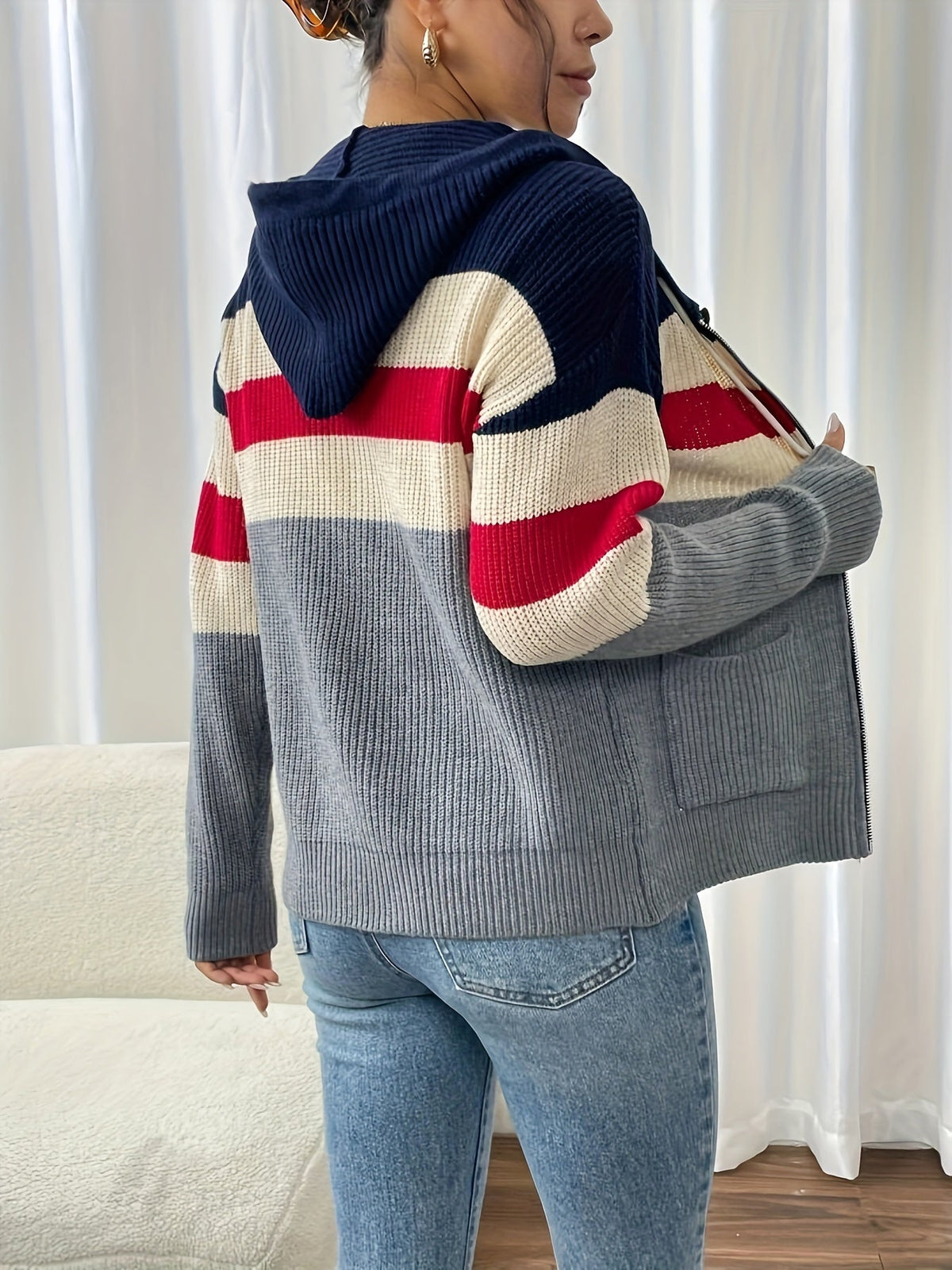 Women's Ribbed Color-Block Hooded Zip Cardigan