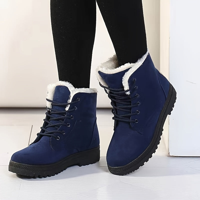 Women's Plush-Lined Lace-Up Winter Ankle Boots - Blue