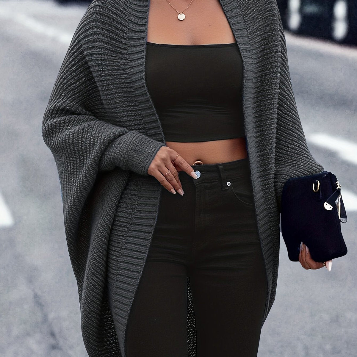 Women's Longline Draped Christmas Cardigan - Dark Gray