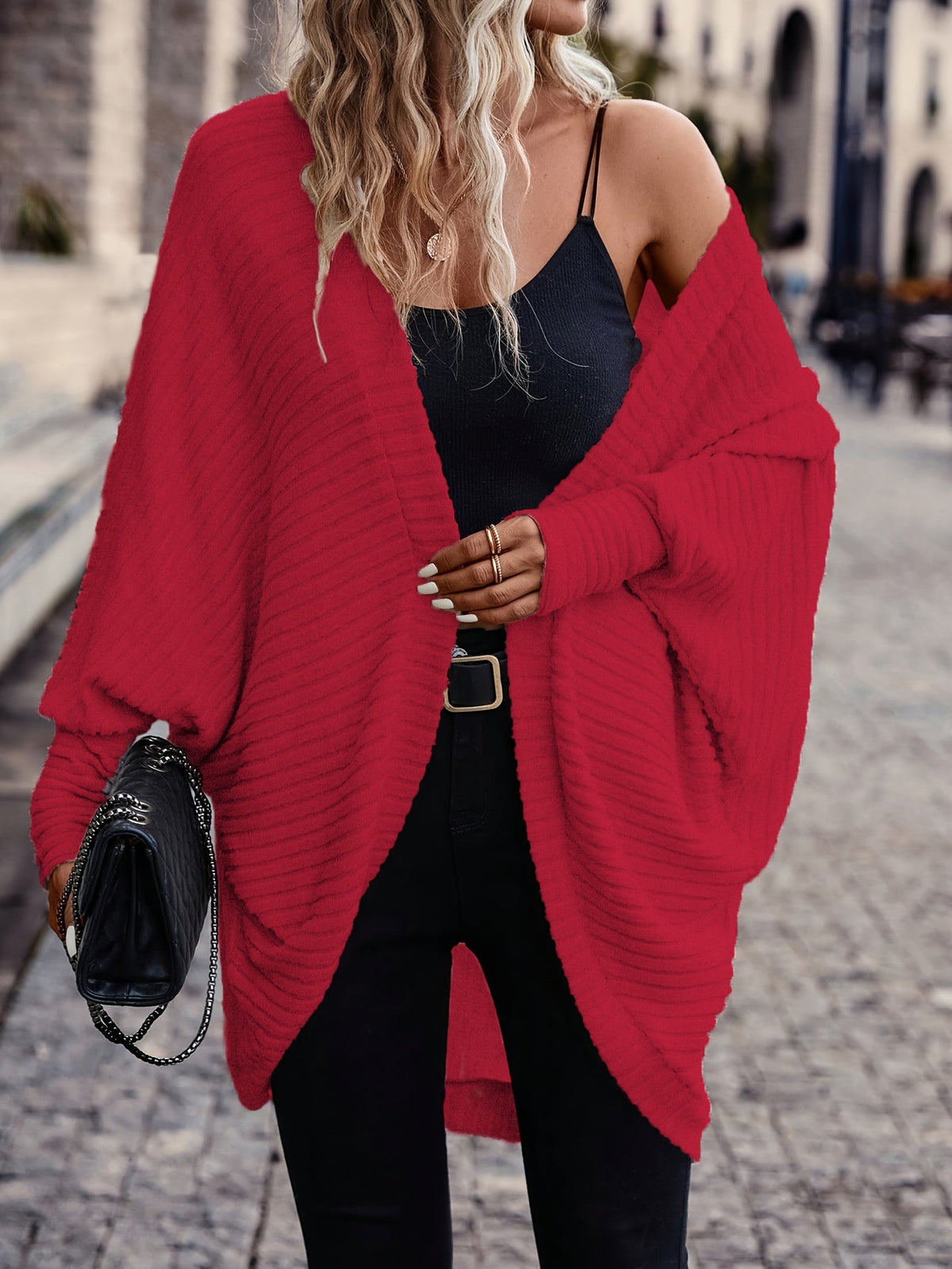 Women's Draped Open-Front Ribbed Cardigan