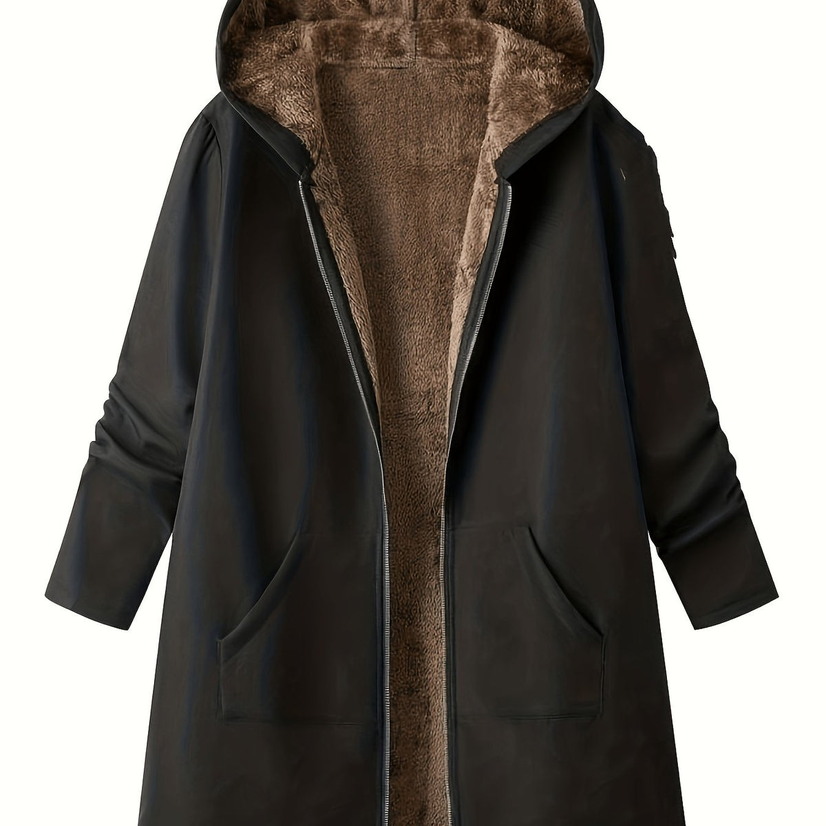Women's Plush Lined Longline Hooded Zip Coat - Black