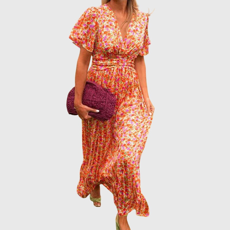 Women's Printed Wrap-Style Maxi Dress Short Sleeve Outfit for Summer Events