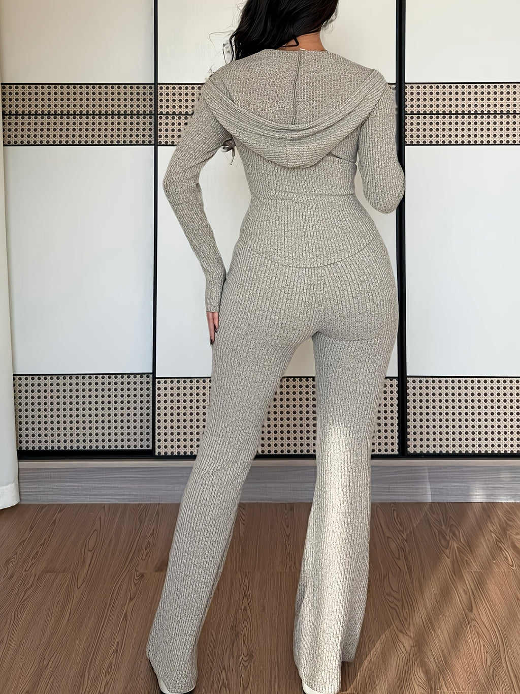 Women's Ribbed Hooded Zip-Up Flared Lounge Set