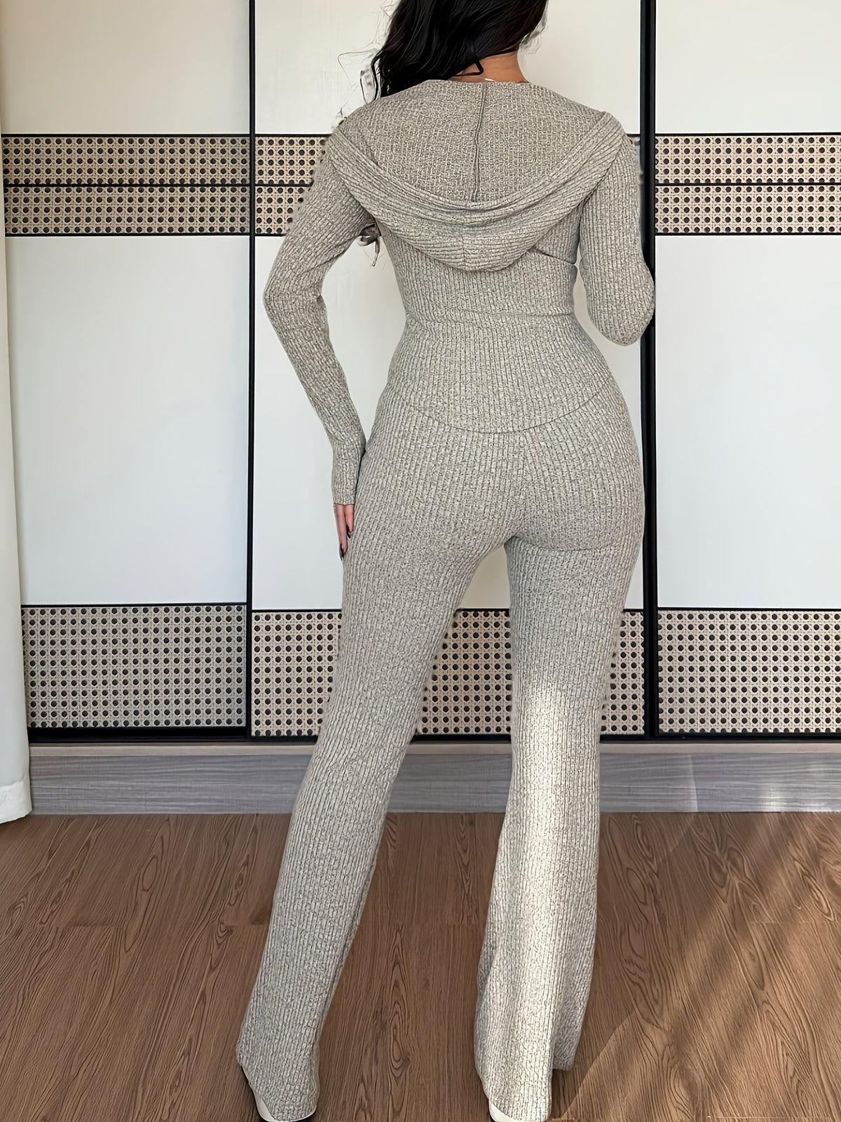 Women's Ribbed Hooded Zip-Up Flared Lounge Set