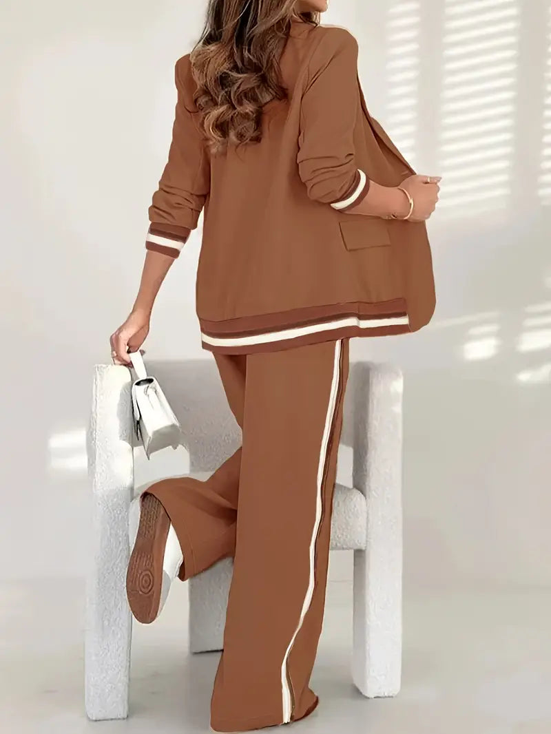 Women's Stripe Trim Wide Leg Blazer Set