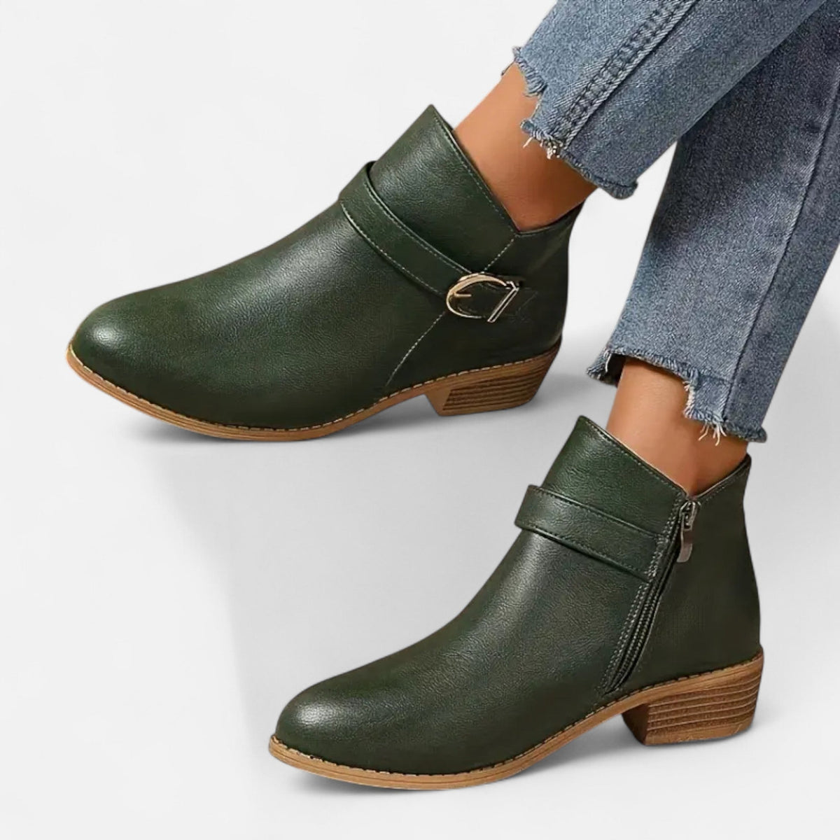 Women's Pointed-Toe Ankle Boots with Buckle Detail - Dark Green