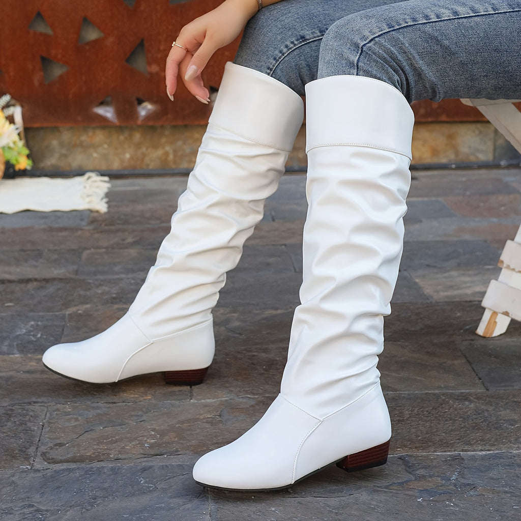 Women's Slouch Knee-High Boots with Low Heel and Round Toe