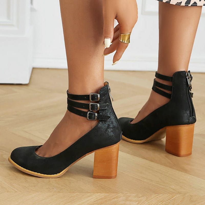 Women's Triple Buckle Block Heel Ankle Boots