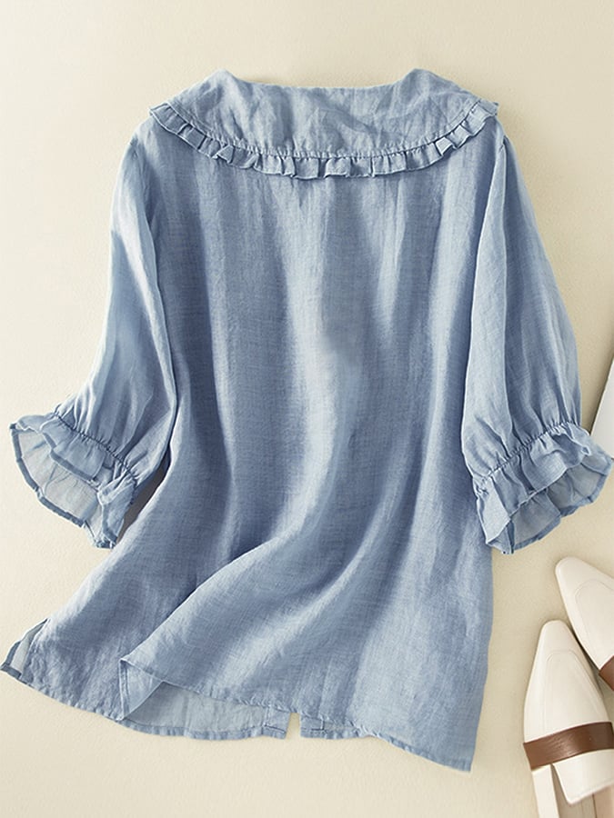 Women's Relaxed Summer Shirt Button-Front Blouse with Ruffled Collar and Cuffs