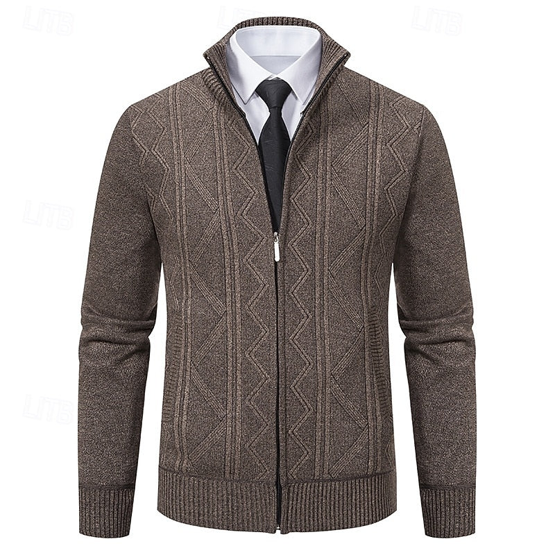 Men's Textured Knit Stand-Collar Zip Cardigan - Coffee