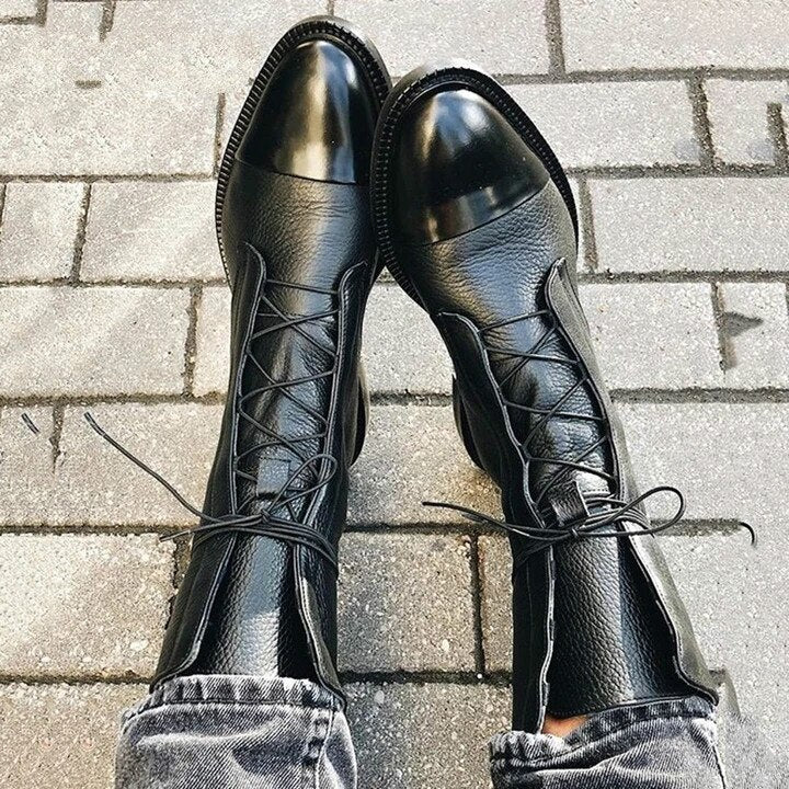 Women's Lace-Up Knee-High Boots Round-Toe Block Heel Boots for Smart Everyday Wear