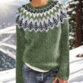Women's Fair Isle Yoke Crew Neck Winter Sweater - Green