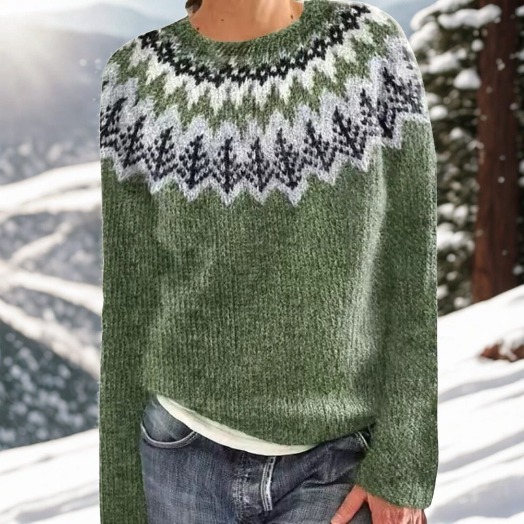 Women's Fair Isle Yoke Crew Neck Winter Sweater - Green