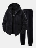 Men's Zip-Up Teddy Fleece Hoodie and Jogger Tracksuit - Black