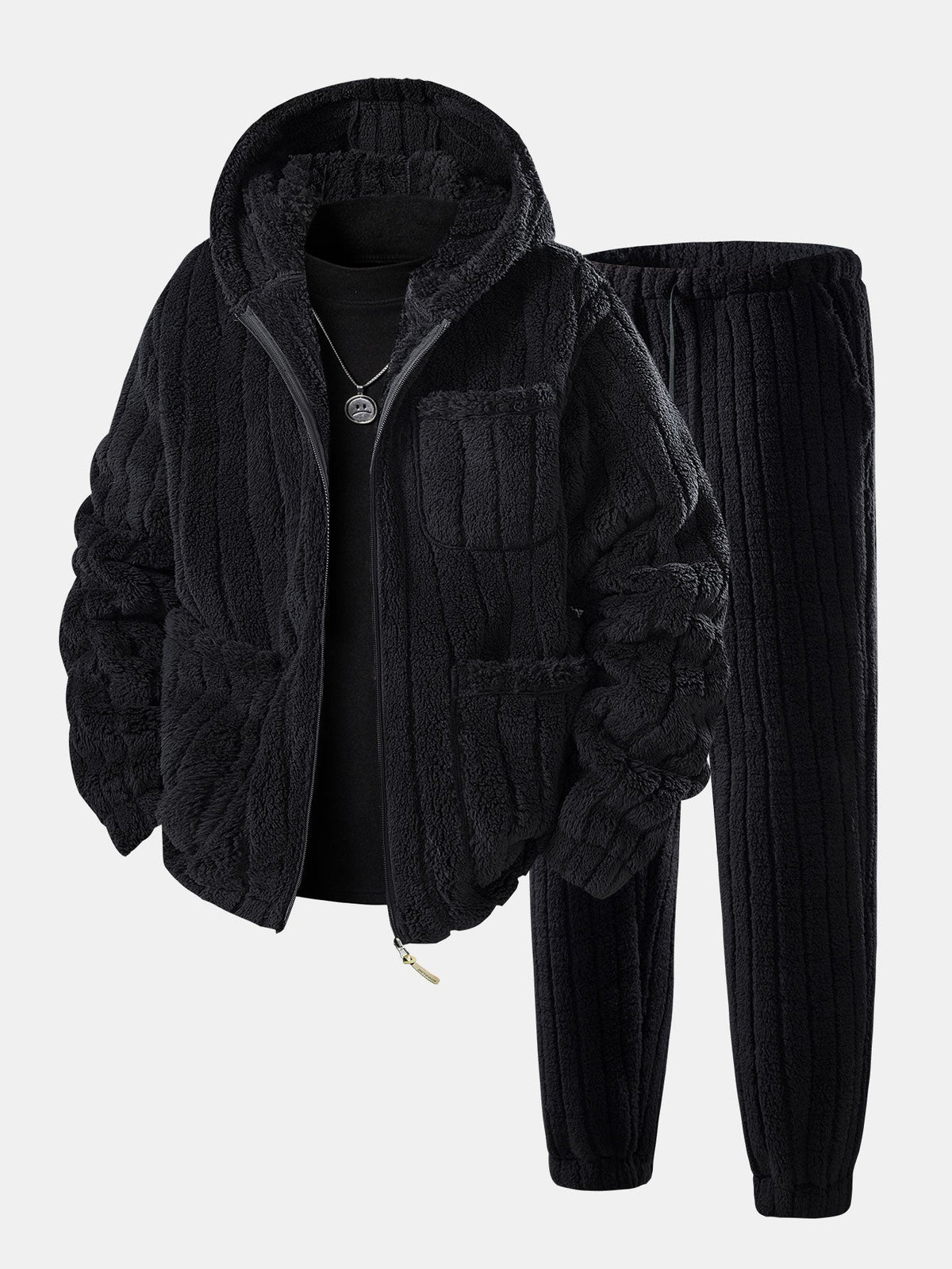 Men's Zip-Up Teddy Fleece Hoodie and Jogger Tracksuit - Black