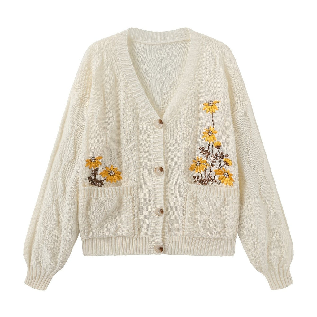 Women's Floral Embroidered V-Neck Button Cardigan with Pockets - Apricot
