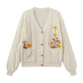 Women's Floral Embroidered V-Neck Button Cardigan with Pockets - Apricot