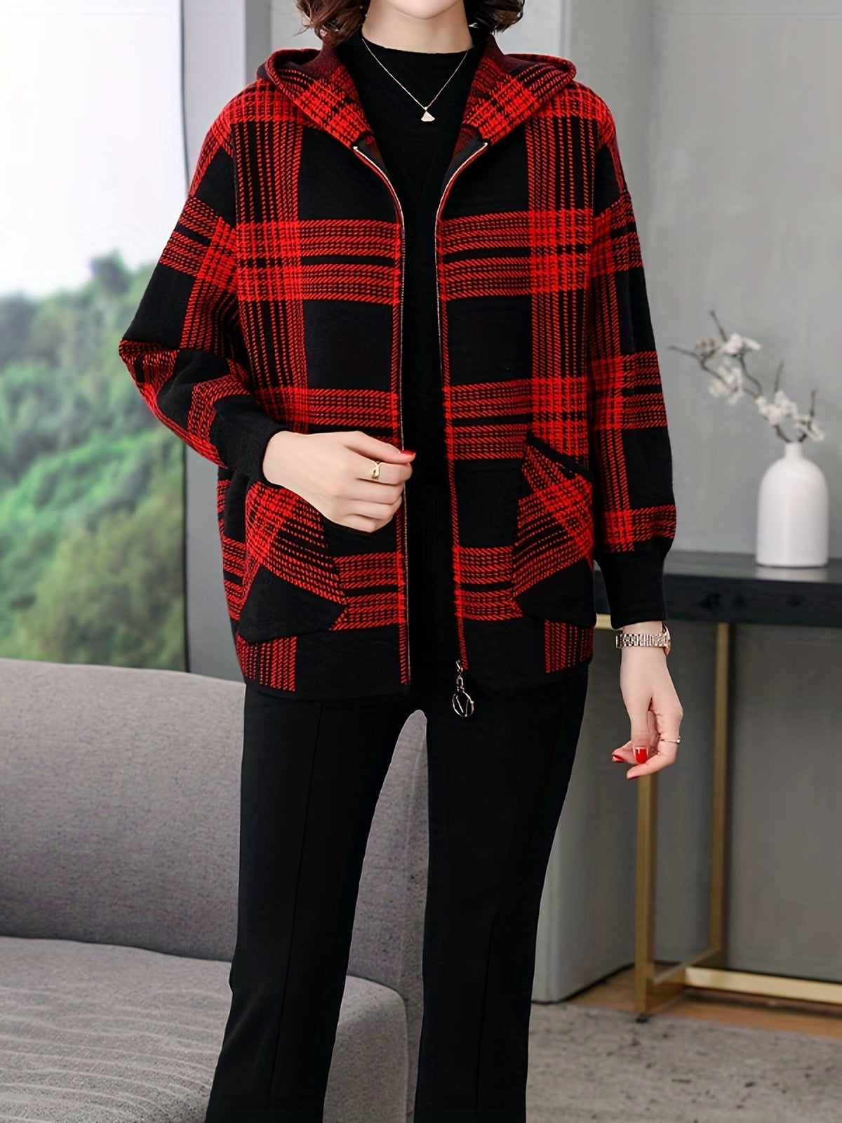 Women's Loose Fit Check Pattern Hooded Zip Jacket