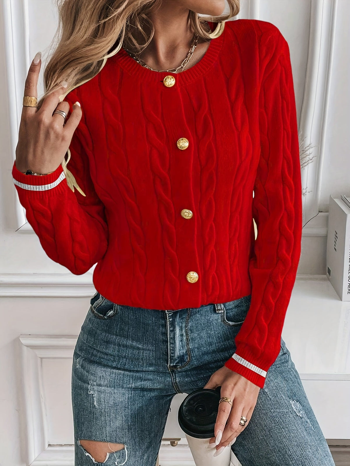 Women's Cable-Knit Cardigan with Gold-Tone Buttons
