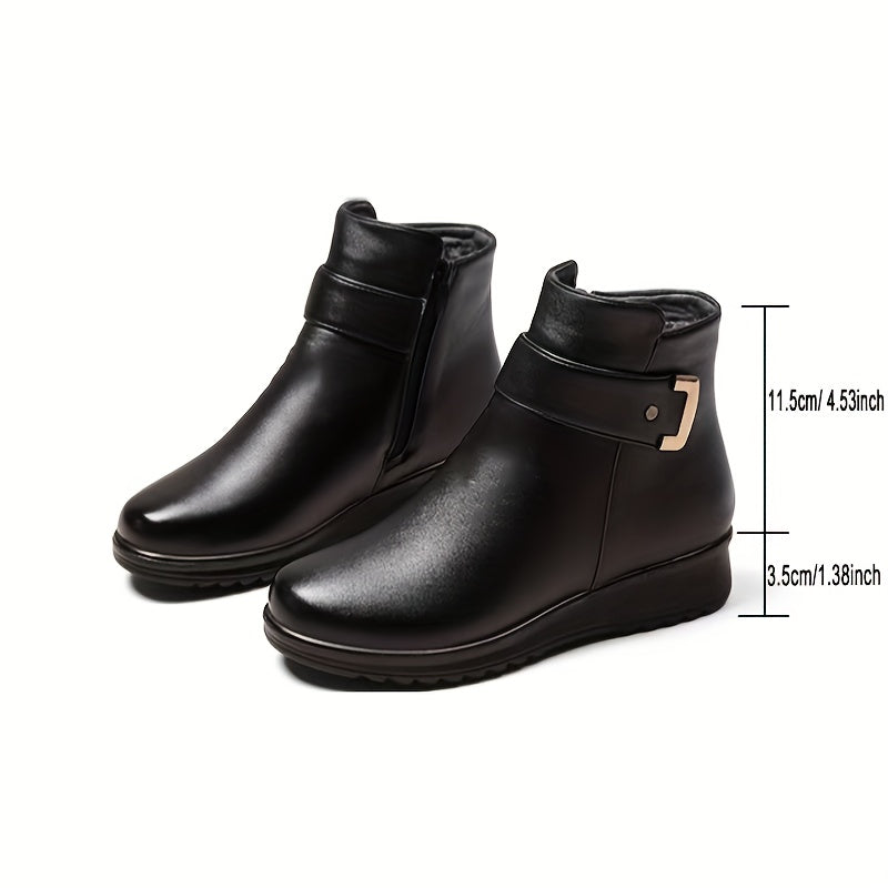 Women's Soft-Lined Flat Ankle Boots with Buckle Detail