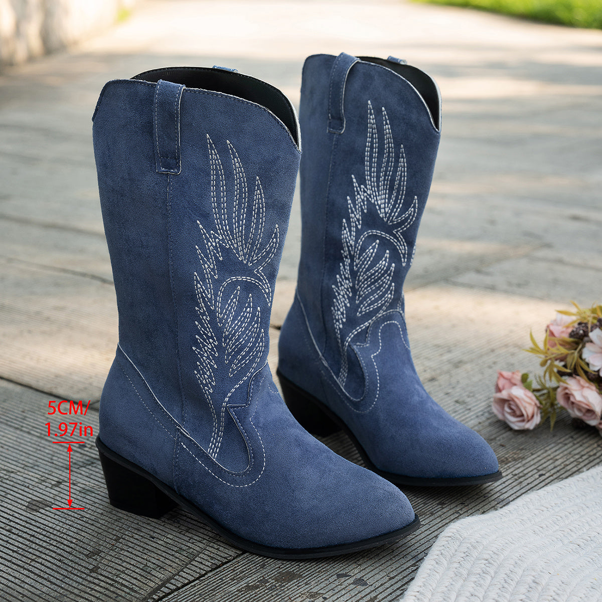 Women's Navy Blue Wide Calf Cowboy Boots