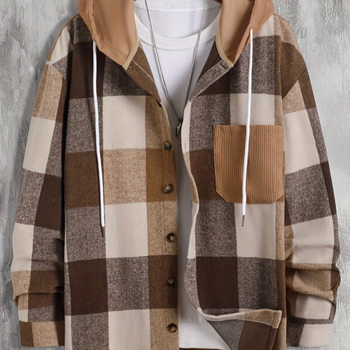 Men's Checked Hooded Overshirt Jacket - Rust
