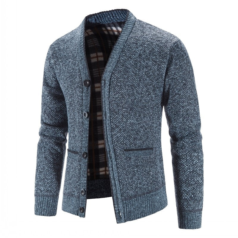 Men's Lined V-Neck Button-Front Cardigan with Pockets - Blue