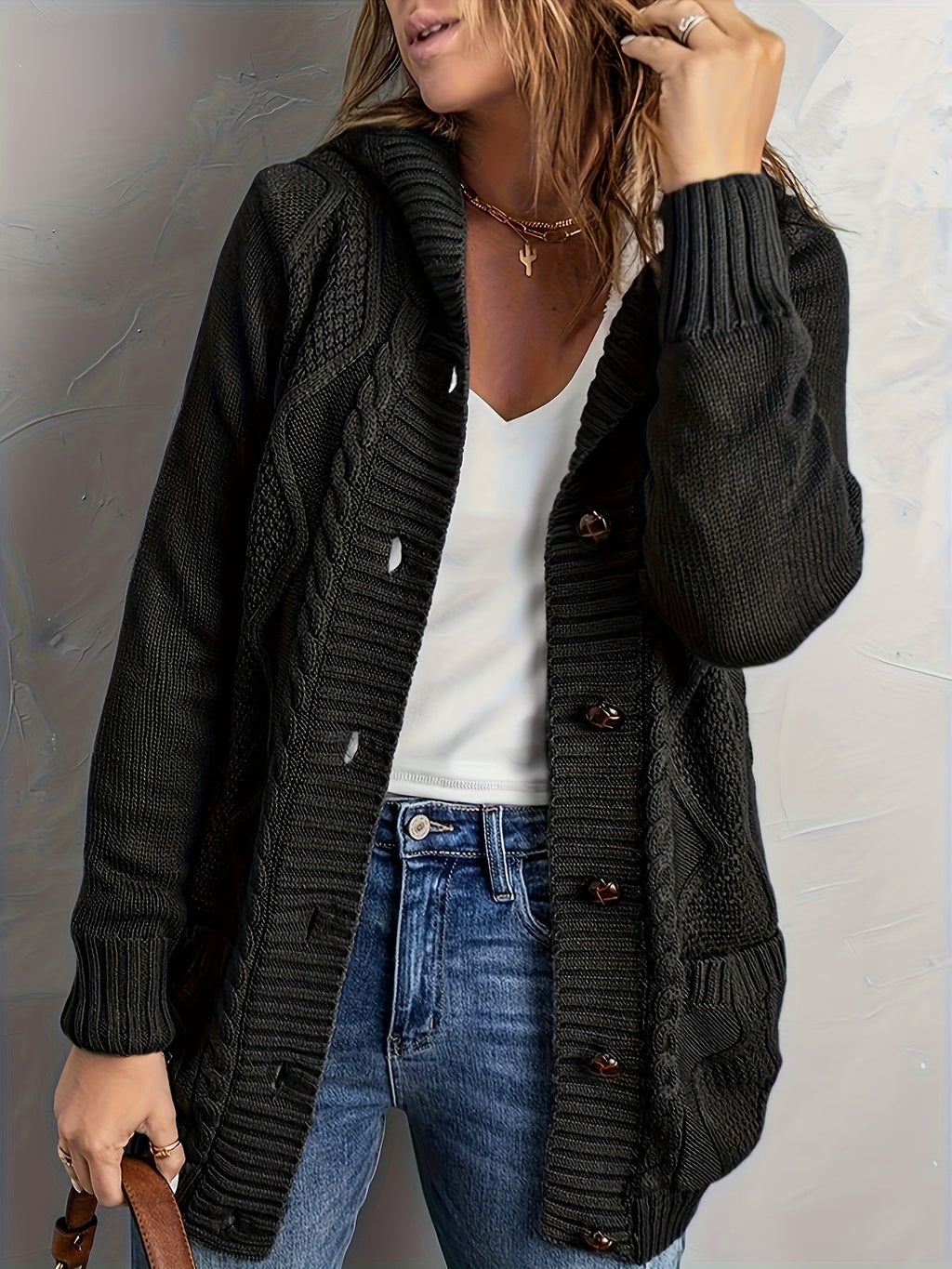 Women's Plush-Lined Hooded Button Cardigan