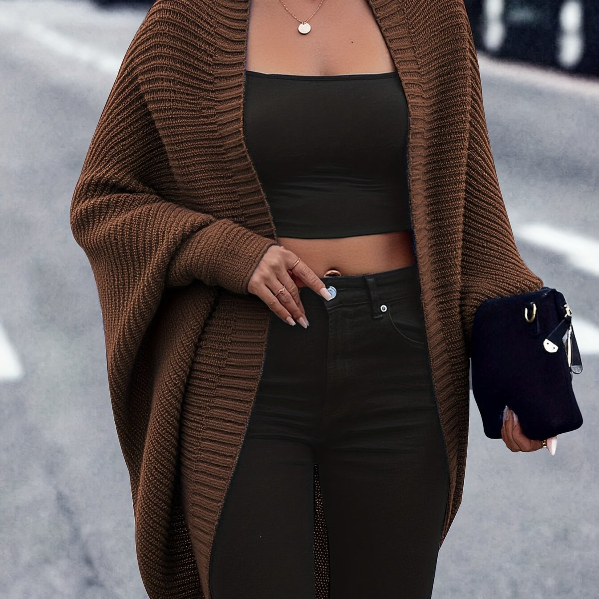 Women's Longline Draped Christmas Cardigan - Coffee Brown