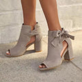 Women's Peep-Toe Ankle Boots with Side Bow Detail - Beige