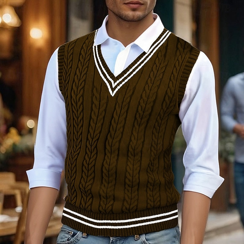 Men's Striped Cable-Knit V-Neck Vest - Wine Red