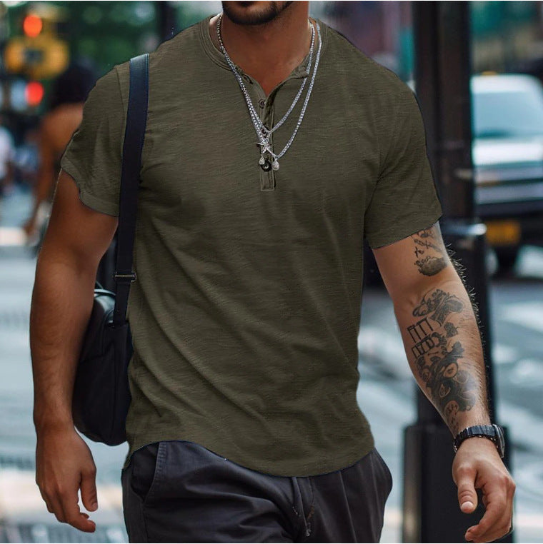 Men's Textured Button Neck Polo Shirt - Army Green